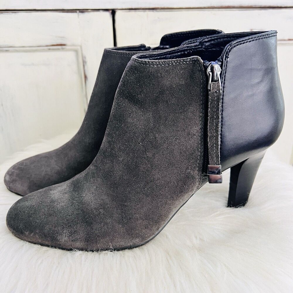 Franco Sarto Black & Gray Suede & Leather Side Zip Heeled Booties Womens Size 9M